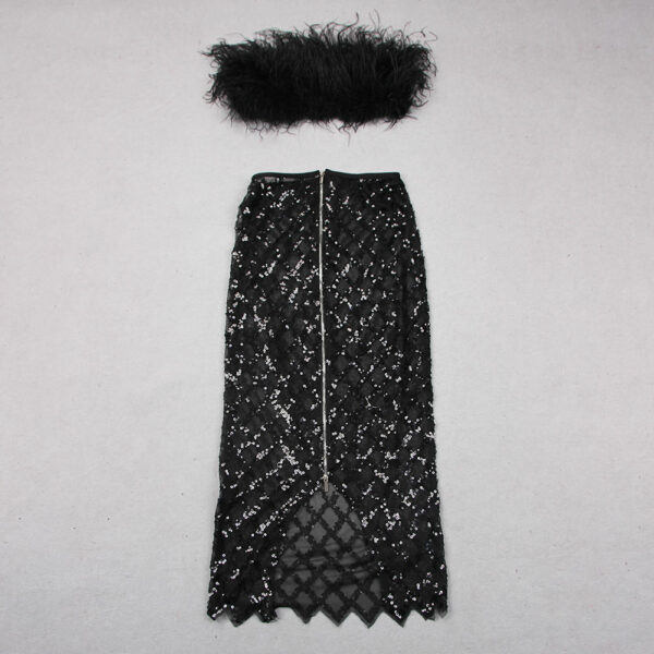 Feather crop top and sequin tulle skirt in a two-piece ensemble for a luxurious, sultry party look for ladies - Image 7